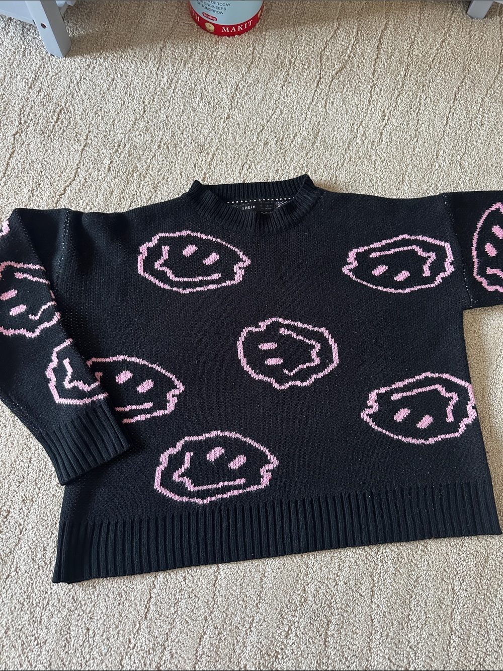 SHEIN Black Crewneck Sweater with Pink Smiley Pattern